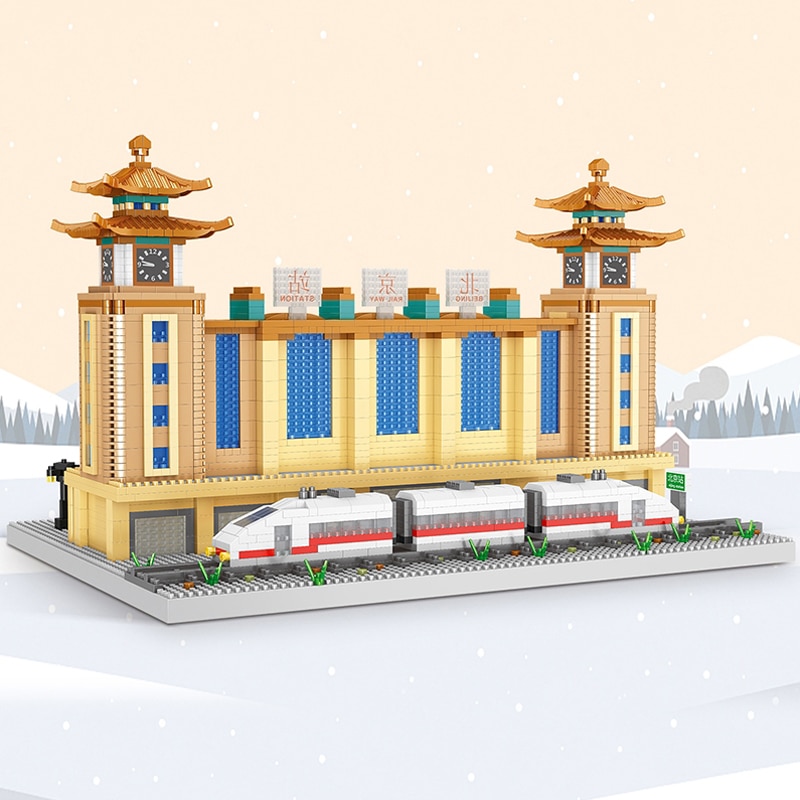 Lezi 8214 World Architecture Beijing Railway Station Tower Train DIY Mini Diamond Blocks Bricks Building Toy for Children no Box 2