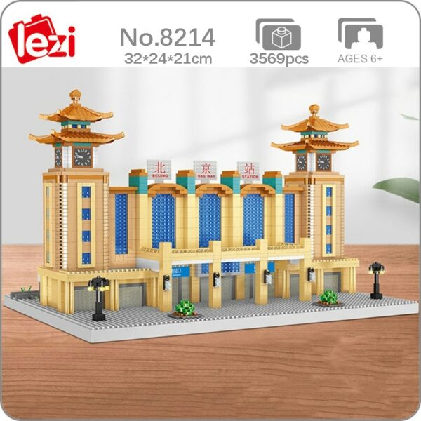 Lezi 8214 World Architecture Beijing Railway Station Tower Train DIY Mini Diamond Blocks Bricks Building Toy for Children no Box 1