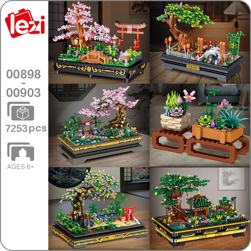 Lezi Architecture Pot Plant Sakura Peach Pine Pagoda Tree Flower Garden DIY Mini Blocks Bricks Building Toy for Children no Box 1