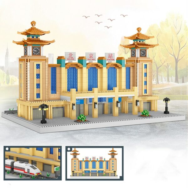 Lezi 8214 World Architecture Beijing Railway Station Tower Train DIY Mini Diamond Blocks Bricks Building Toy for Children no Box 3