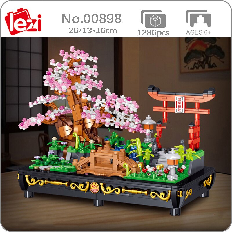 Lezi 00898 Architecture Pot Plant Sakura Tree Flower Garden Bridge Yard DIY Mini Blocks Bricks Building Toy for Children no Box 1