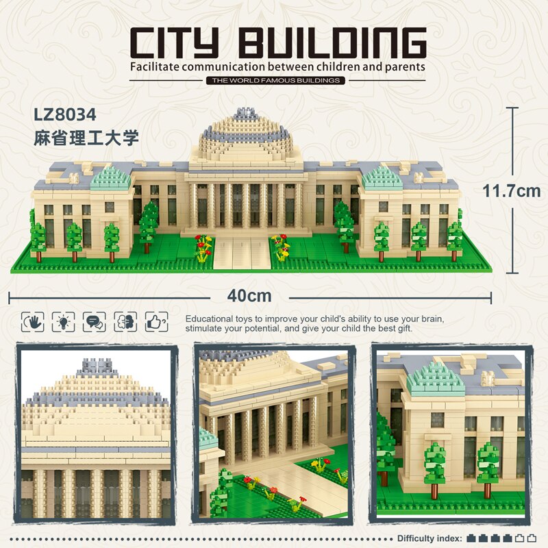 Lezi 8034 World Architecture USA MIT University School 3D Model DIY Mini Diamond Blocks Bricks Building Toy for Children no Box 2