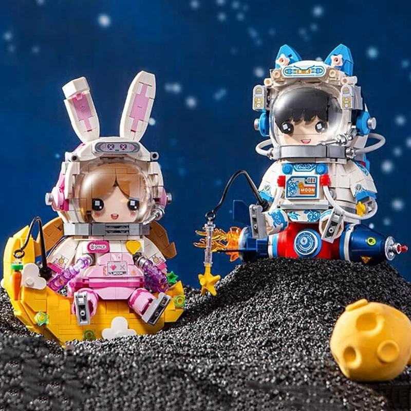 Space Adventure Cat Rabbit Astronaut Rocket Moon Star Carrot Spaceman 3D Mini Blocks Bricks Building Toy For Children 2